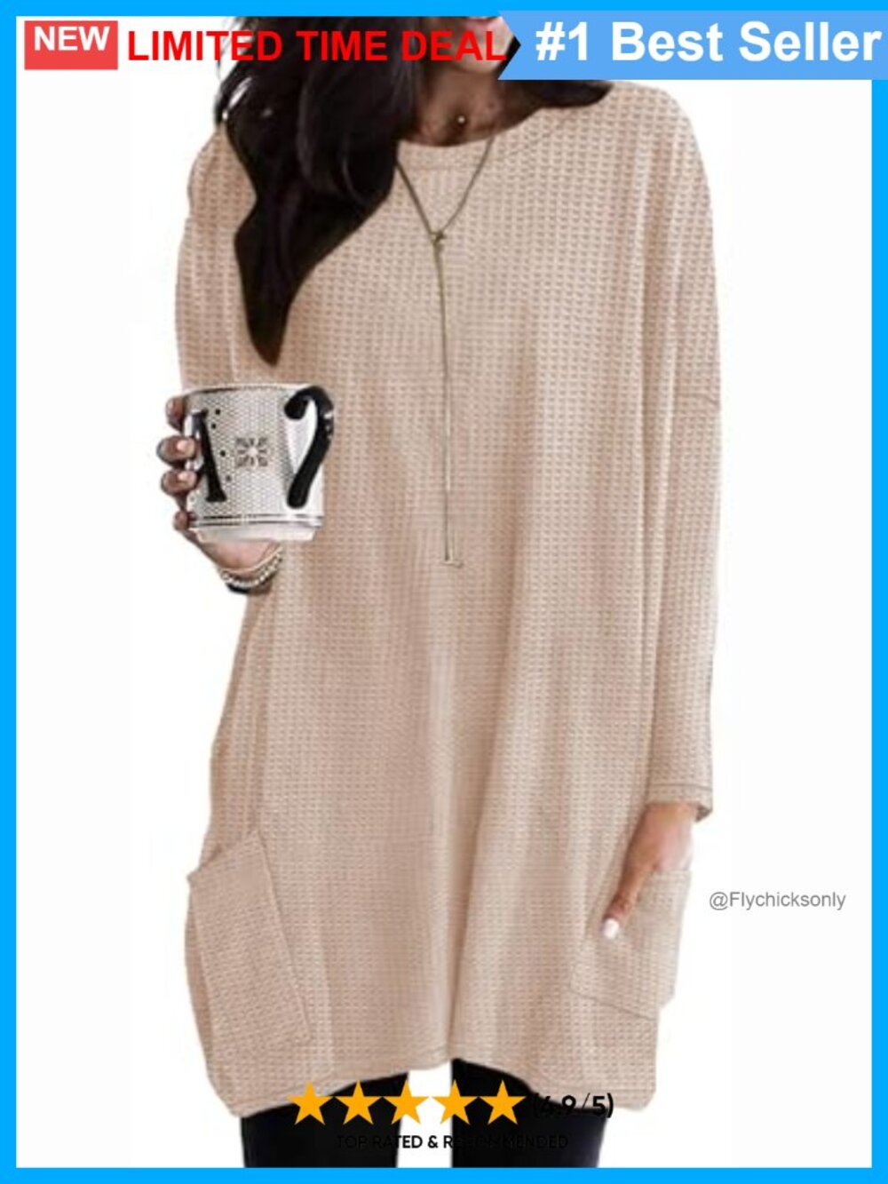 Waffle Knit Long Sleeve Tunic Top with Pockets Loose Fit Casual